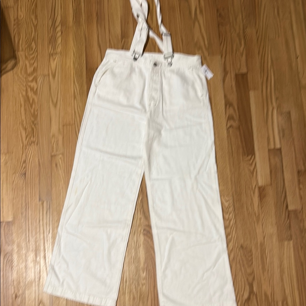 White Wide-Leg Pants with Suspenders